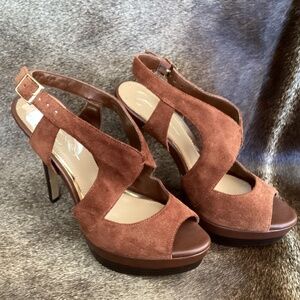Jessica Simpson Elysi Brown Suede Leather Peep Toe Stick Heels